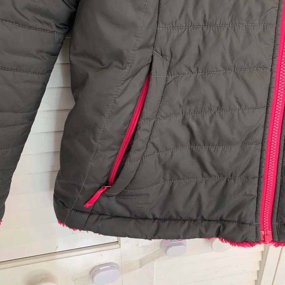 The North Face Girl‎ Youth XL 18 Reversible Mossbud Jacket Coat Grey Pink Fleece